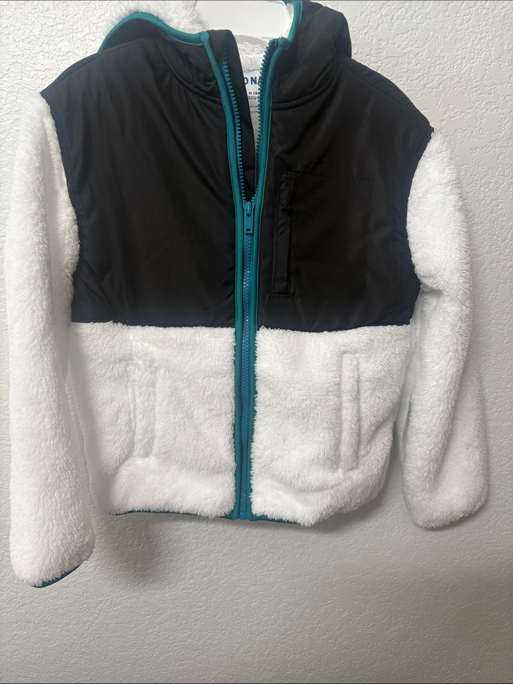 Old Navy White Sherpa Jacket with Black Puffer Yoke and Teal Trim